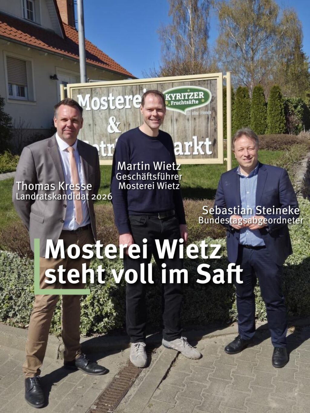 Firma Wietz - eine Firma seit Jahrzehnten in Familienbesitz. Heute bereits in der zweiten Generation!

Die Kyritz Fruchtsäfte-Mosterei hat Tradition und ist die älteste Mosterei im Prignitz-Ruppiner Land.

Martin Wietz übernahm das Geschäft der Eltern im Jahr 2015. Aktuell baut Martin Wietz die Hallen um und erneuert Geräte und Maschinen.

Unternehmer müssen sich ständig neuen Herausforderungen und Anforderungen anpassen.

Die wirtschaftlich schwierigen Zeiten sind auch bei der Firma Wietz im Absatz zu spüren! Obwohl die Säfte eine hohe Qualität als Direktsaft haben, teilweise in Bio-Qualität produziert werden und die Preisstruktur angemessen ist, ist der Markt aktuell schwierig. Diskussionen um Mehrwertsteuer oder Zuckersteuer verunsichern Unternehmer zusätzlich.

Auch wenn die Zeiten schwierig sind - das Leben hat immer Herausforderungen, wie auch die Eltern von Martin Wietz wissen, die das Geschäft kurz vor der politischen Wende 1989 gegründet haben!

Daher mein Aufruf: Stützen Sie unsere regionalen Produzenten, kaufen Sie lokal und regional! Heimisch hergestellte Getränke schmecken doppelt gut!

Fun Fact: In den 90er Jahren sind wir als Schüler ständig in der Pause zu Wietz! Da hieß es immer: ‚Wollen wir zu Wietz?‘