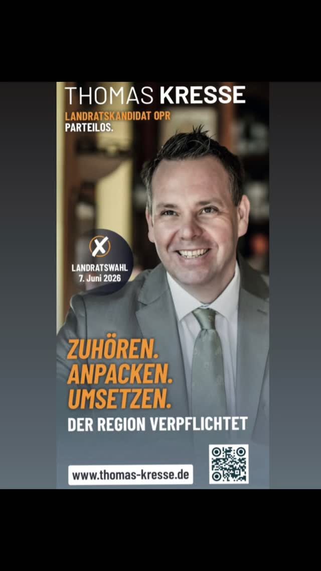 Zuhören. Anpacken. Umsetzen.
HEUTE: Vorstellung Flyer !

Ich kandidiere parteilos als Landrat für OPR, weil ich überzeugt bin: 
Unsere Region hat enormes Potenzial – in der Landwirtschaft, in der Wirtschaft, im Ehrenamt, im Tourismus und vor allem bei den Menschen, die hier leben.

Ich möchte nicht nur verwalten, sondern gestalten. Für Familien, für junge Menschen, für Vereine, für eine starke Gesundheitsversorgung und für mehr Transparenz in der Politik.

OPR braucht keine Politik der Bedenkenträgerei, sondern jemanden, der zuhört, anpackt und Dinge umsetzt.

Ich freue mich auf viele Gespräche, Begegnungen und Ideen in den kommenden Wochen. Denn gute Politik entsteht nicht hinter verschlossenen Türen, sondern gemeinsam mit den Menschen vor Ort.

Der Region verpflichtet.

Dieser Flyer wird bald jeden Haushalt erreichen - machen Sie sich ihr Bild!

#OPR #OstprignitzRuppin #Landratswahl2026 #ThomasKresse